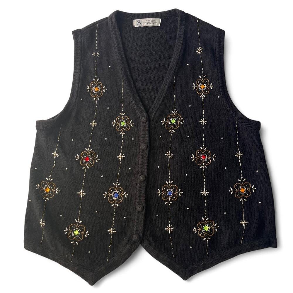 Vintage 90s Beaded Christmas Sweater Vest XL Whimsigoth Maximalist.
